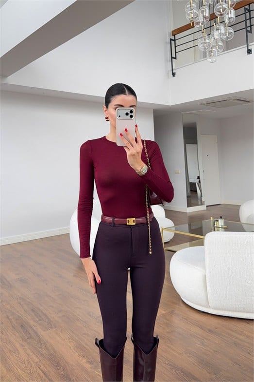 Likralı Basic Bordo Bluz