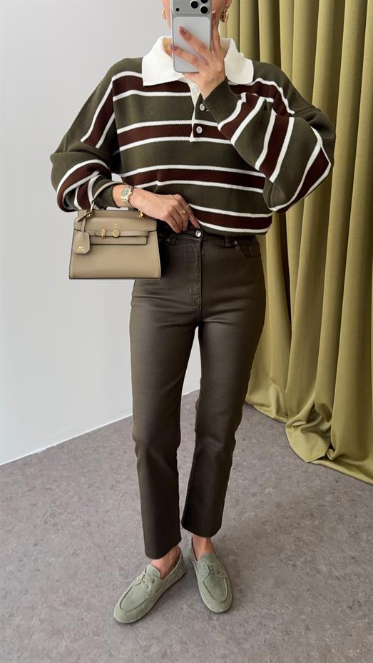 Likralı Haki Mumlu Jean