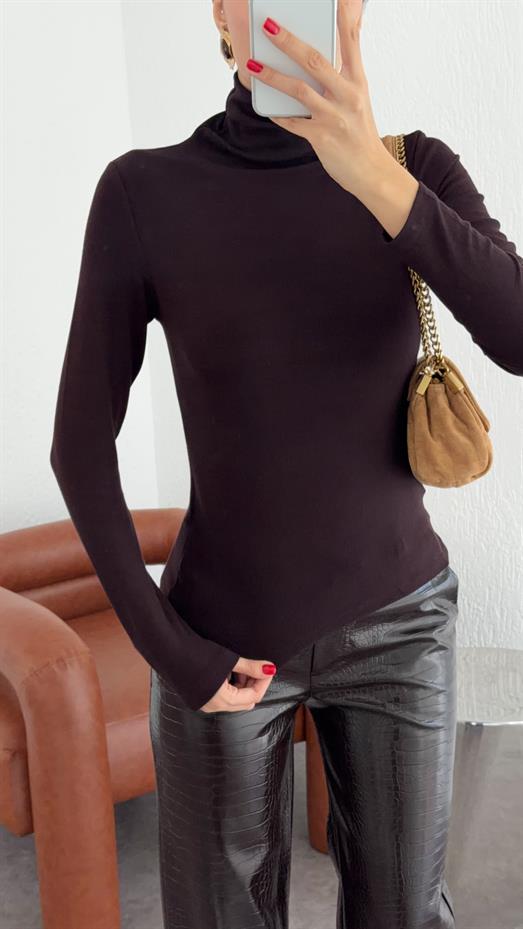 Likralı Kahverengi Balıkçı Bluz