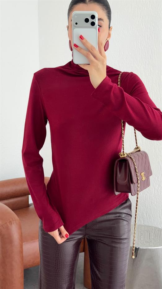 Likralı Mürdüm Balıkçı Bluz