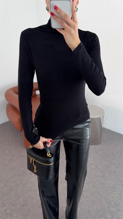 Likralı Siyah Balıkçı Bluz