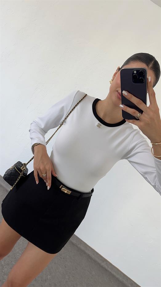 Likralı Uzun Kol Beyaz Basic Triko