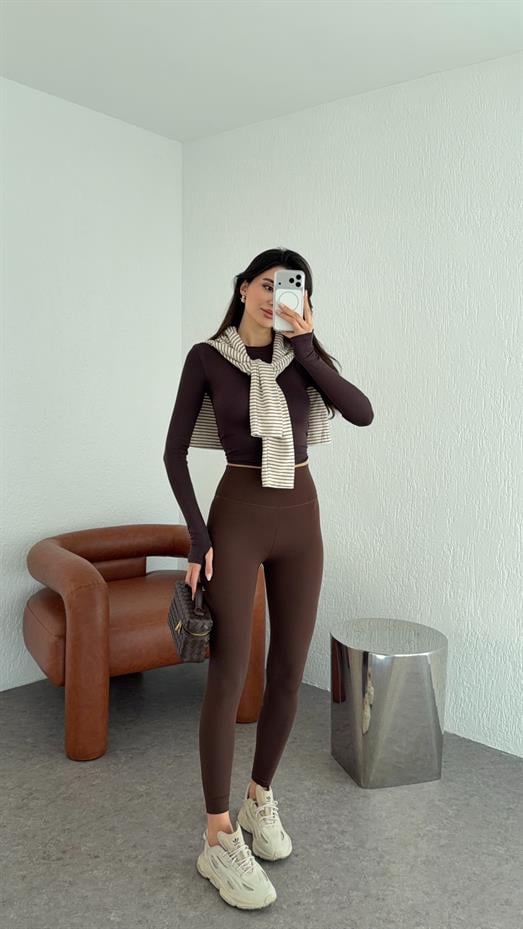 Likralı Yüksek Bel Kahverengi Tayt