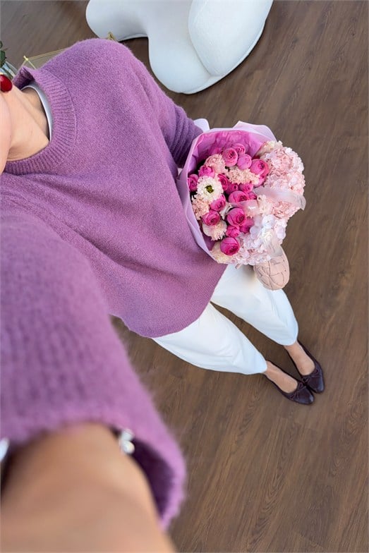 Lila Soft Bisiklet Yaka Kazak