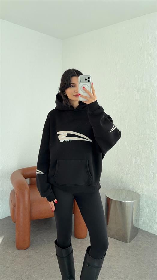 Logolu 3 İplik Siyah Sweatshirt