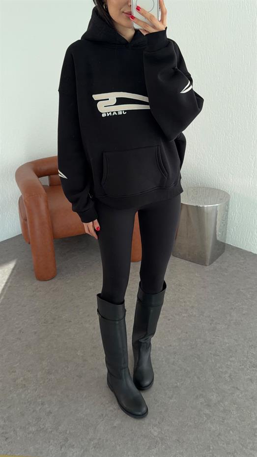 Logolu 3 İplik Siyah Sweatshirt