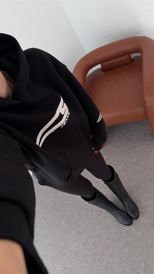 Logolu 3 İplik Siyah Sweatshirt