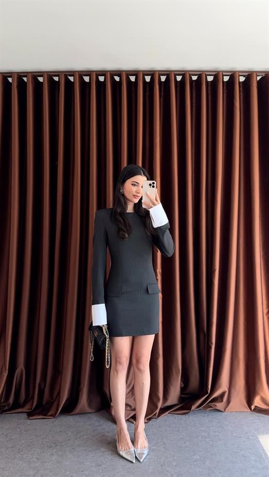 Manşetli Vatkalı Antrasit Premium Elbise