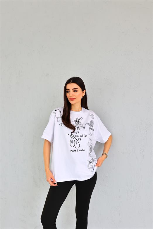 Mariposa Beyaz Çizim Tshirt