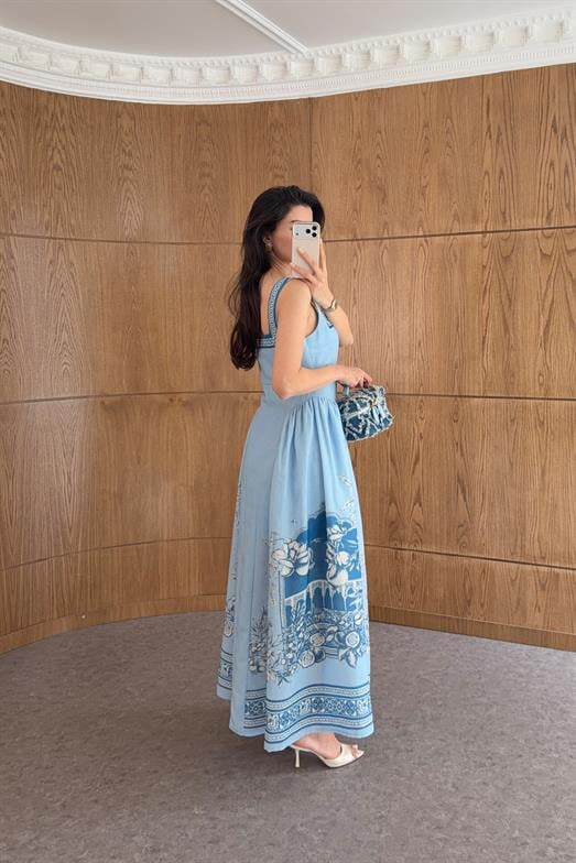 Mavi Desenli Korsajlı Elbise