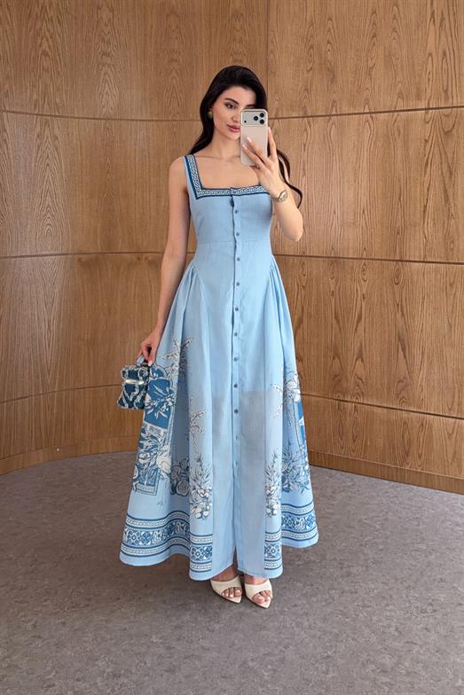 Mavi Desenli Korsajlı Elbise