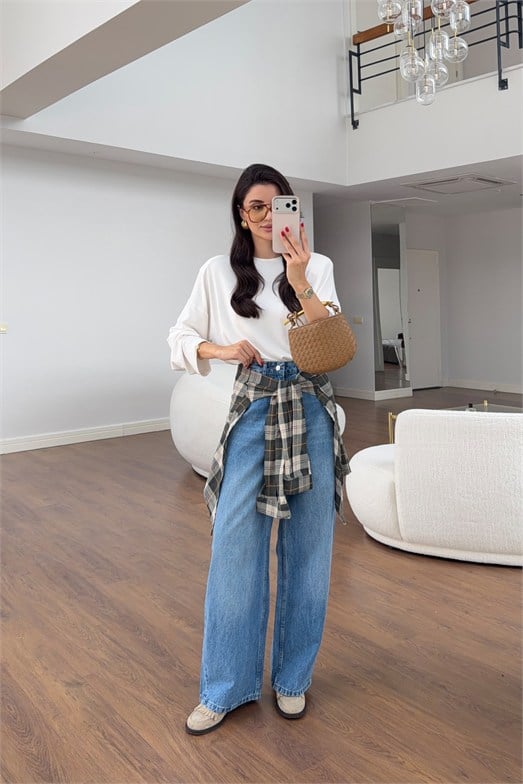 Mavi Ekose Kuşak Bağlamalı Wide Leg Jean