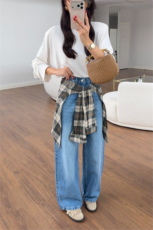 Mavi Ekose Kuşak Bağlamalı Wide Leg Jean