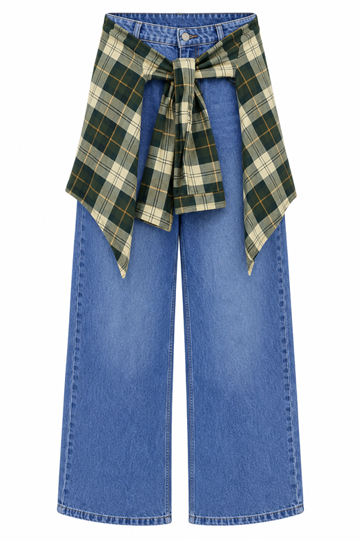 Mavi Ekose Kuşak Bağlamalı Wide Leg Jean