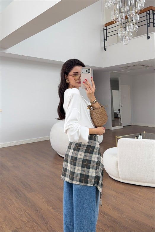 Mavi Ekose Kuşak Bağlamalı Wide Leg Jean