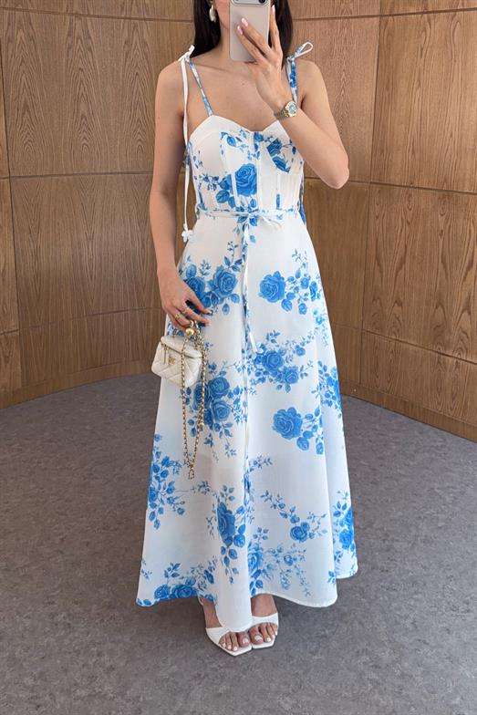 Mavi Gül Desenli Straplez Elbise