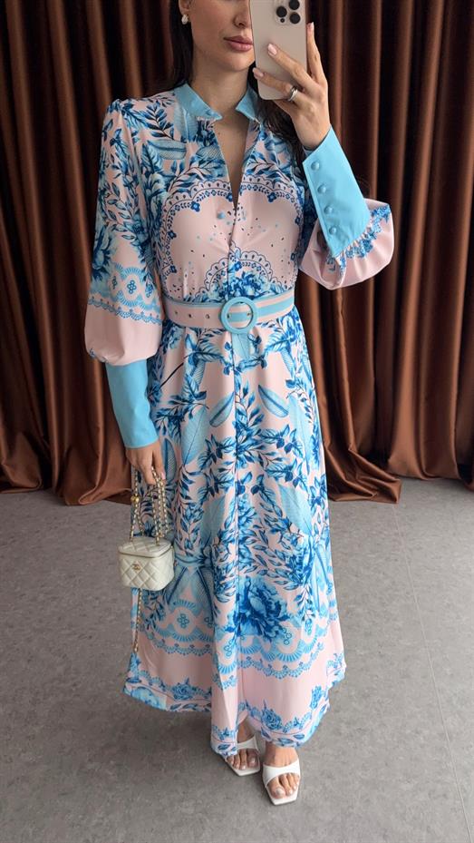 Mavi İri Manşetli İthal Elbise