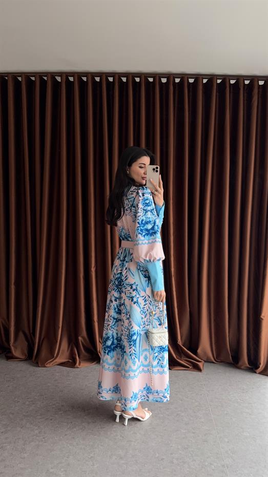 Mavi İri Manşetli İthal Elbise