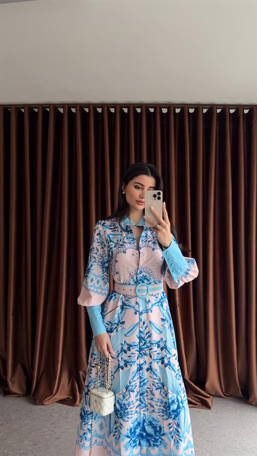 Mavi İri Manşetli İthal Elbise