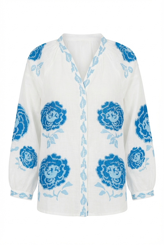 Mavi Nakışlı V Yaka Gömlek