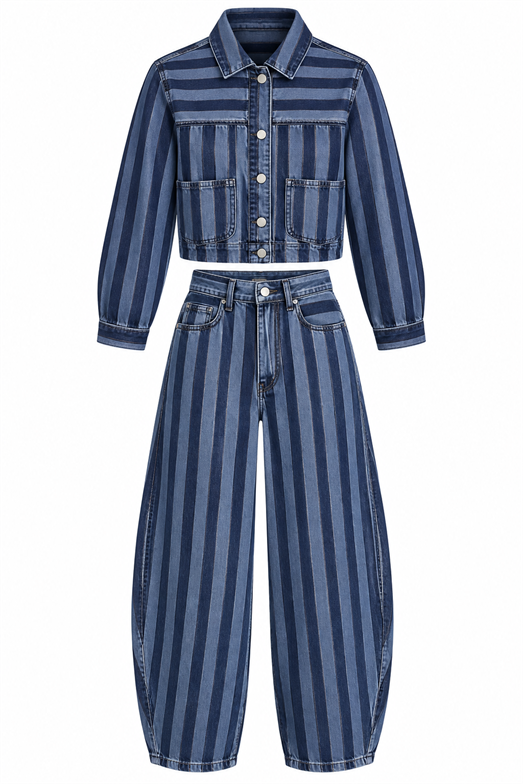 Mavi Şeritli Denim Ceket-Balon Jean Takım