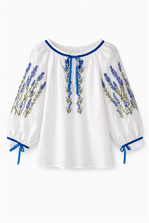 Mavi-Yeşil Nakışlı Beyaz Bluz
