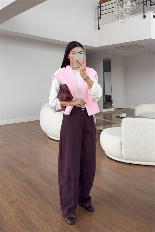 Mürdüm Soft Barrel Denim Pantolon