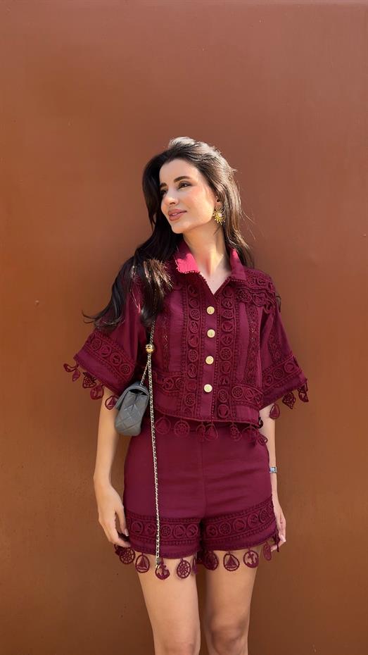 Nakışlı Şort-Gömlek Premium Bordo Takım
