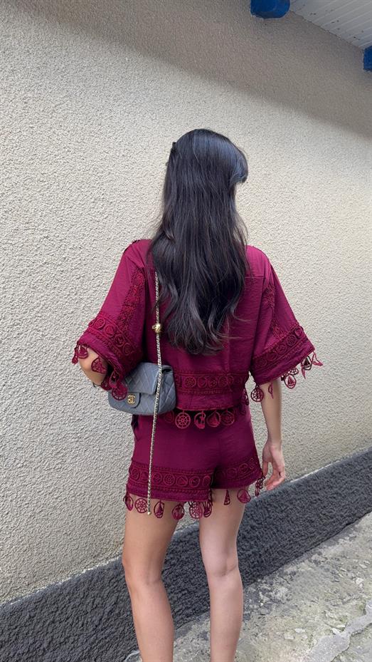 Nakışlı Şort-Gömlek Premium Bordo Takım