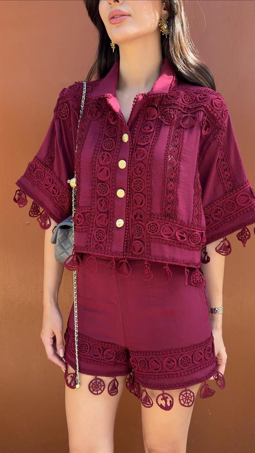 Nakışlı Şort-Gömlek Premium Bordo Takım