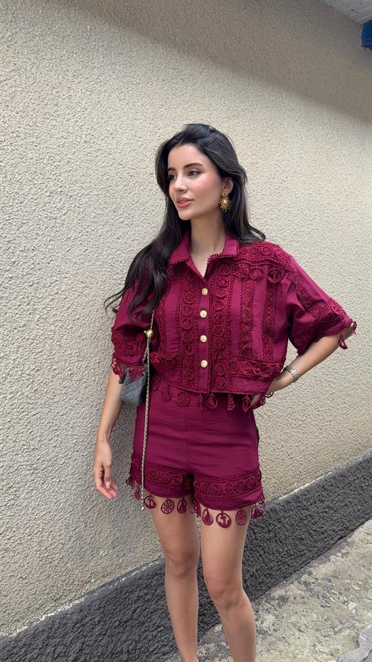 Nakışlı Şort-Gömlek Premium Bordo Takım