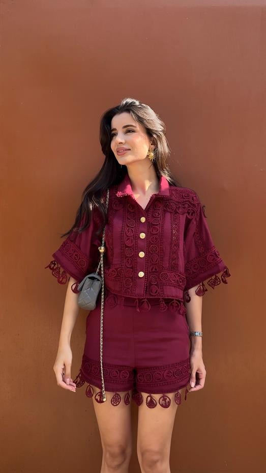 Nakışlı Şort-Gömlek Premium Bordo Takım