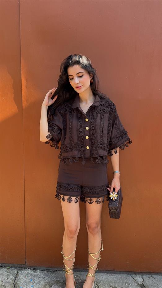 Nakışlı Şort-Gömlek Premium Kahve Takım