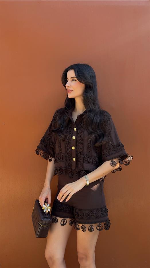 Nakışlı Şort-Gömlek Premium Kahve Takım