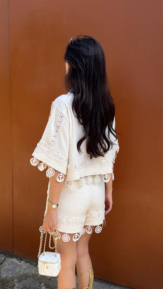 Nakışlı Şort-Gömlek Premium Krem Takım