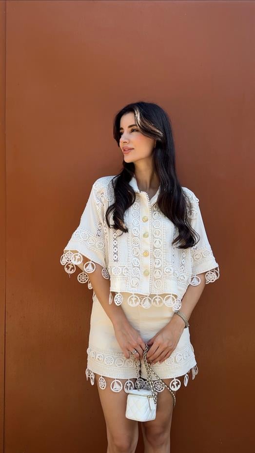 Nakışlı Şort-Gömlek Premium Krem Takım