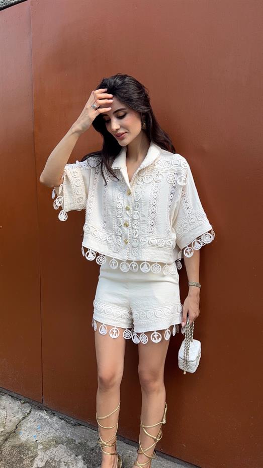 Nakışlı Şort-Gömlek Premium Krem Takım