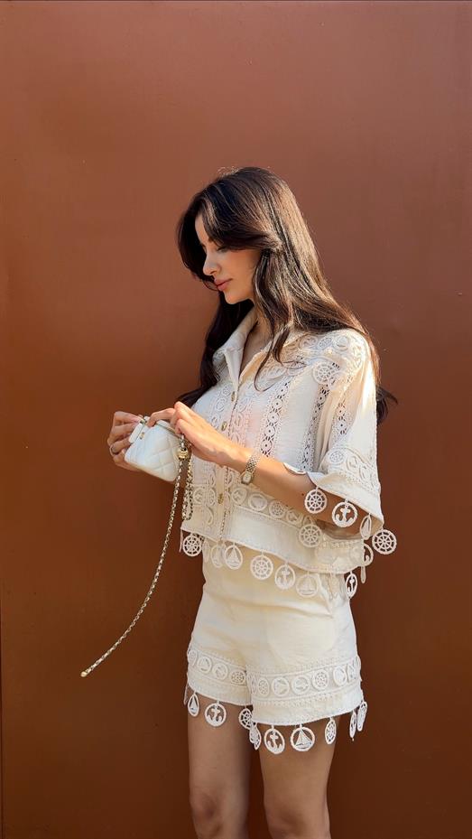 Nakışlı Şort-Gömlek Premium Krem Takım