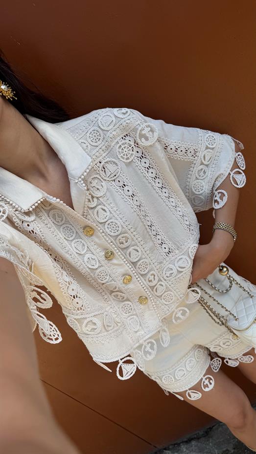 Nakışlı Şort-Gömlek Premium Krem Takım