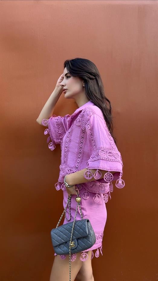 Nakışlı Şort-Gömlek Premium Pembe Takım