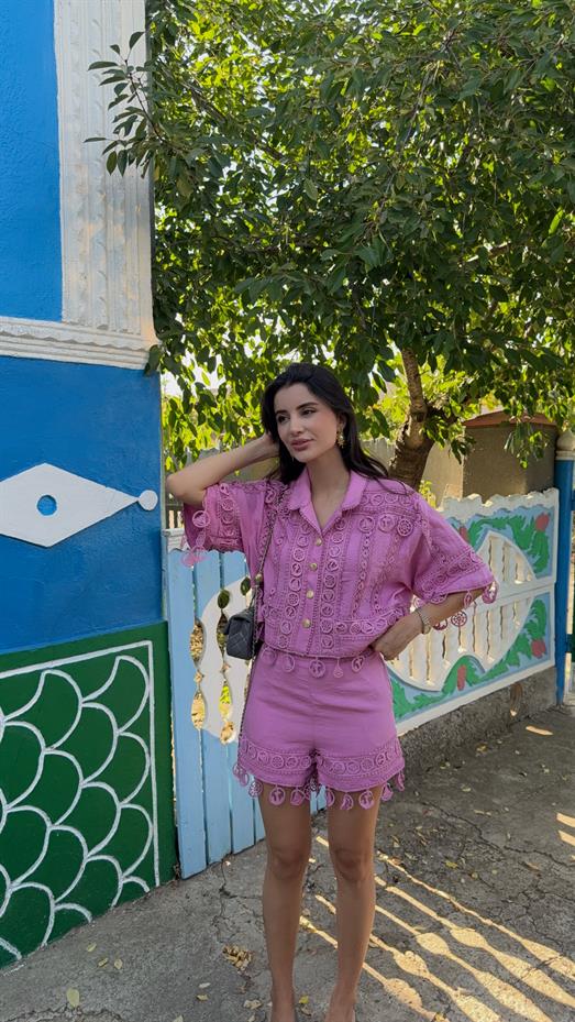 Nakışlı Şort-Gömlek Premium Pembe Takım