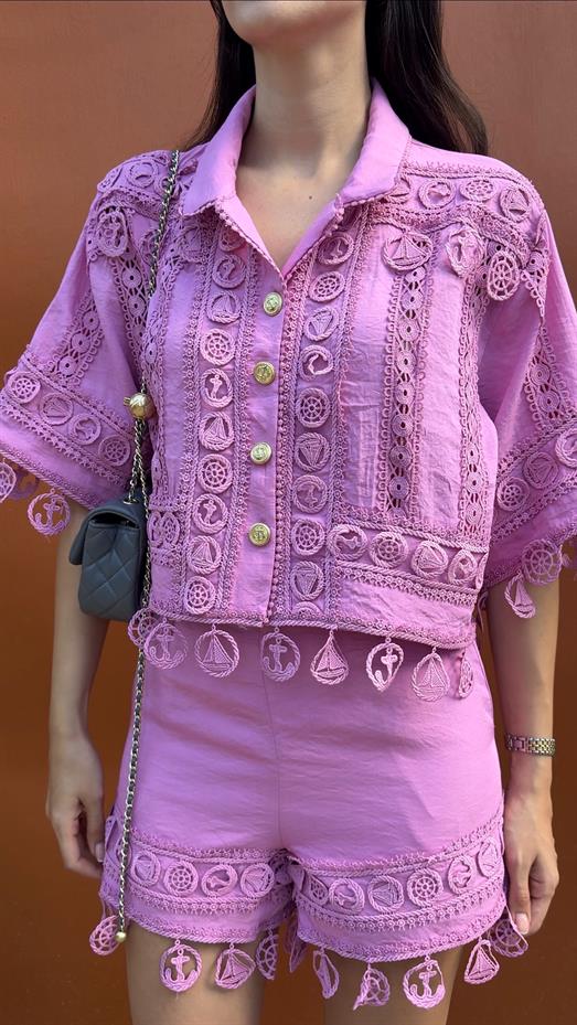 Nakışlı Şort-Gömlek Premium Pembe Takım