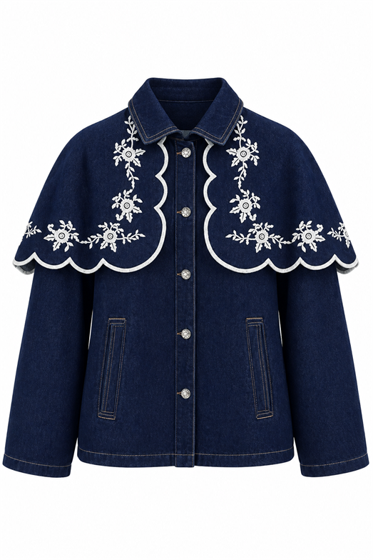 Nakışlı Yaka Detaylı Denim Ceket