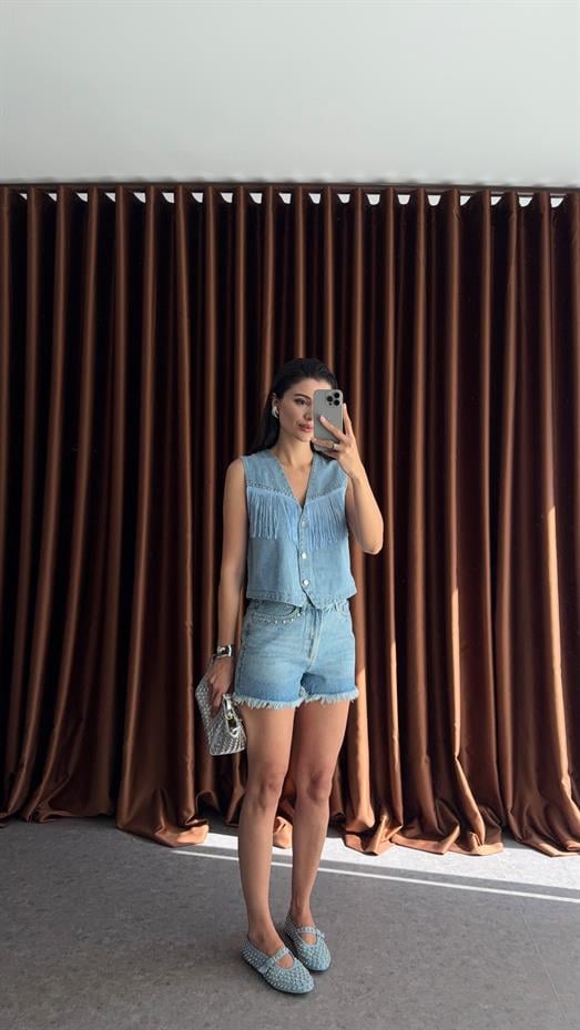 Naturel Paça Denim Şort