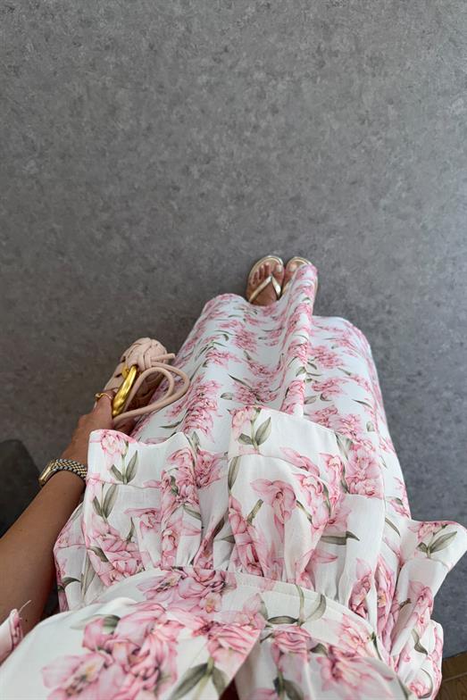 Omuz Bağlamalı Kruvaze Yaka Pembe Elbise