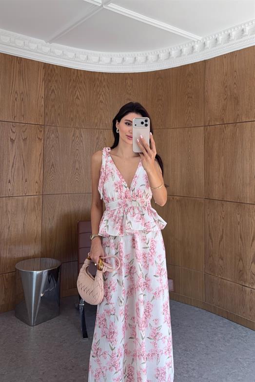 Omuz Bağlamalı Kruvaze Yaka Pembe Elbise
