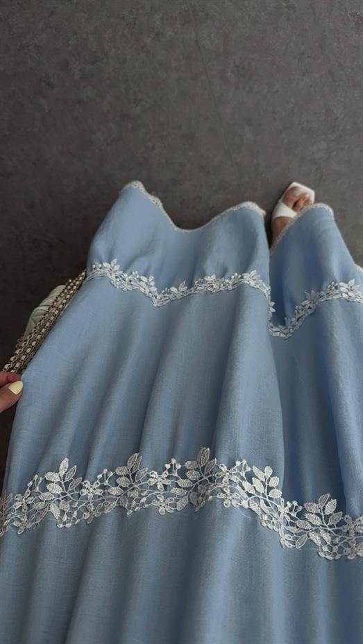 Omuz Bağlamalı Mavi Uzun Elbise