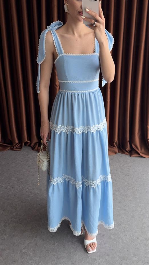 Omuz Bağlamalı Mavi Uzun Elbise