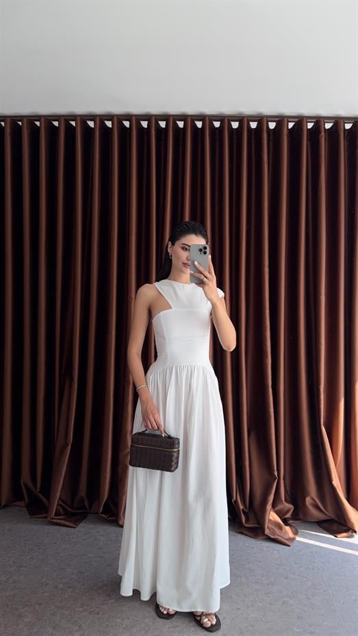 Omuz Detaylı Keten Beyaz Elbise