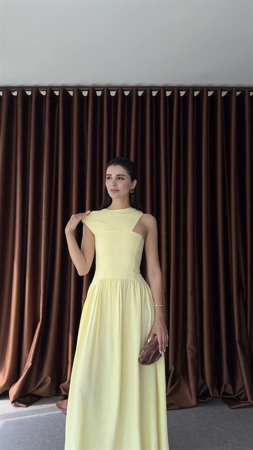 Omuz Detaylı Keten Sarı Elbise